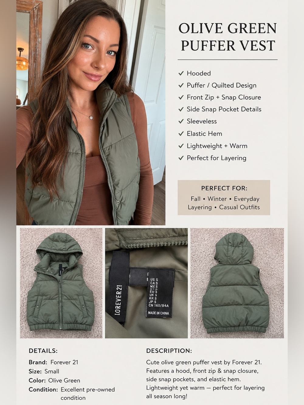 Forever 21 Olive Green Hooded Puffer Vest Quilted Zip Snap Small